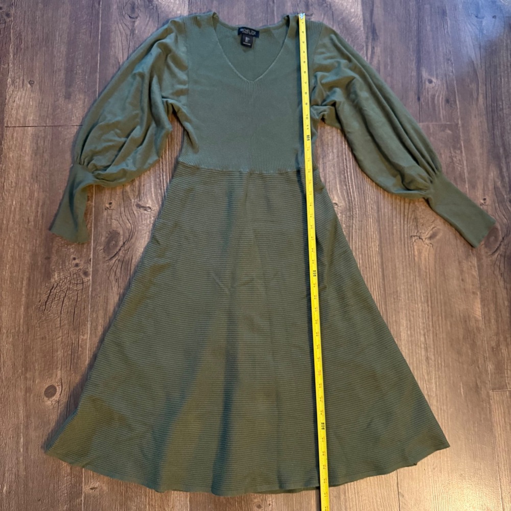 Rachel Zoe Sweater Dress Olive Green Ribbed Balloon Sleeve Chic Women Large L - Picture 6 of 10